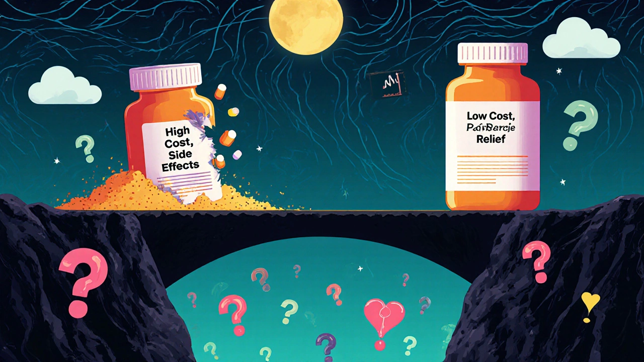 安価で効果的なパメロールの薬瓶で作られた橋が、高コストの薬の崩壊する側と対比して横断する抽象的イメージ。