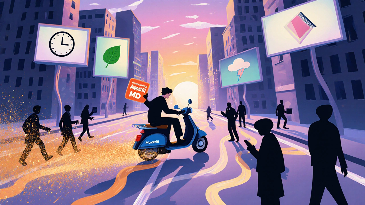 朝日の街でModafil MDを持つキャラが眠気の影を追い払う図。