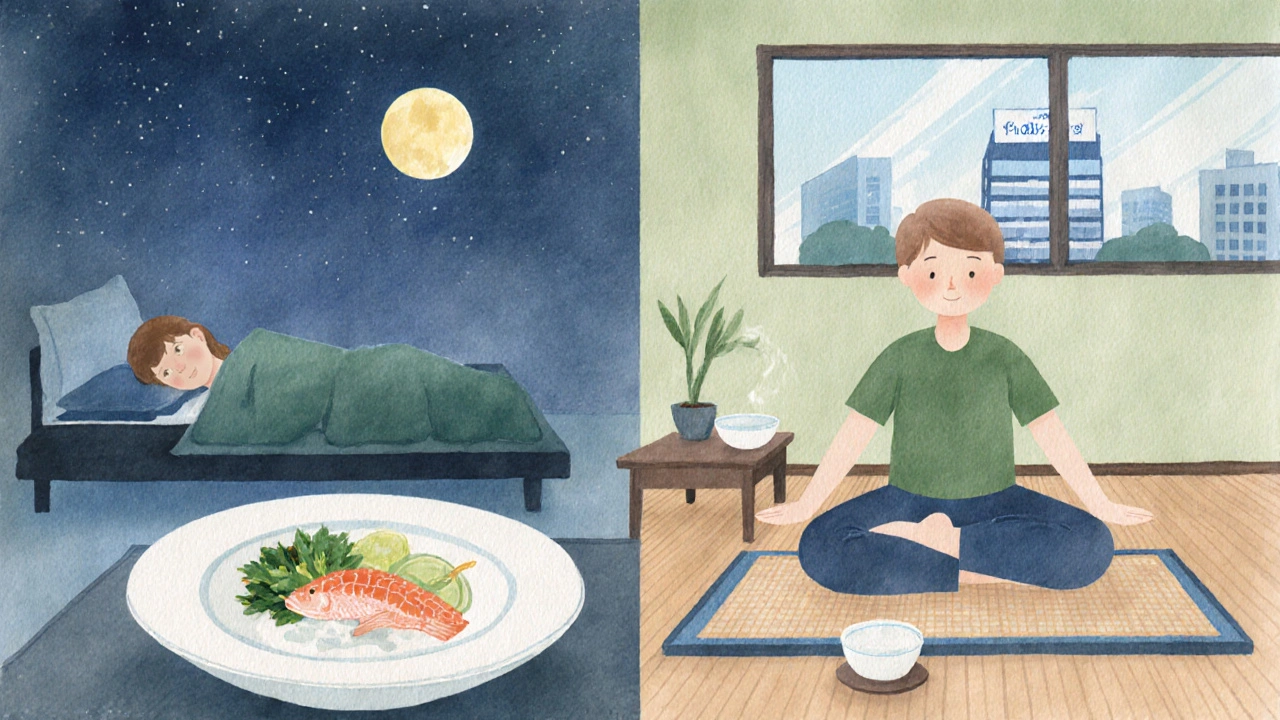 朝のストレッチ、ヨーグルトと魚料理、左側寝、内視鏡検査を示す和風の水彩画。
