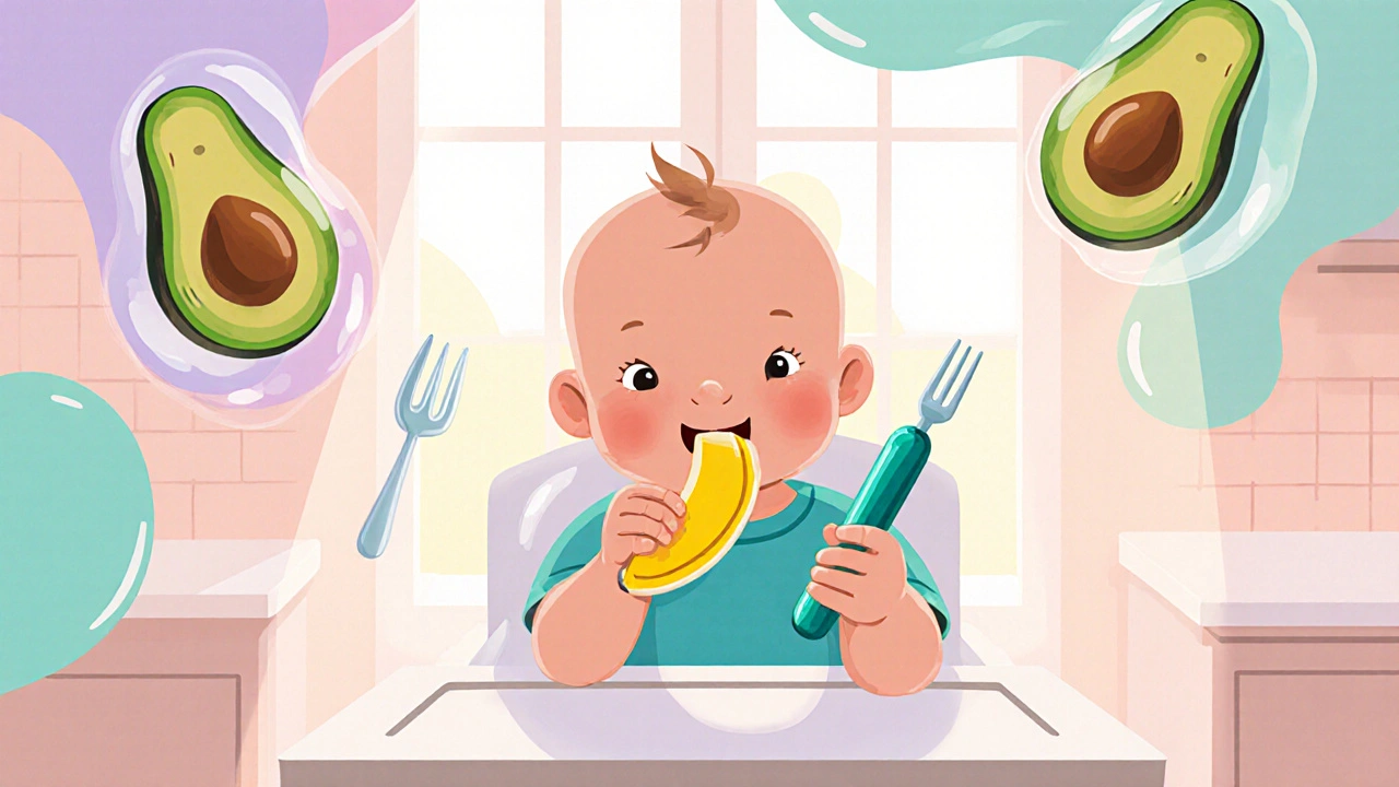 赤ちゃんがバナナやアボカドの棒を手で掴んで食べている様子。