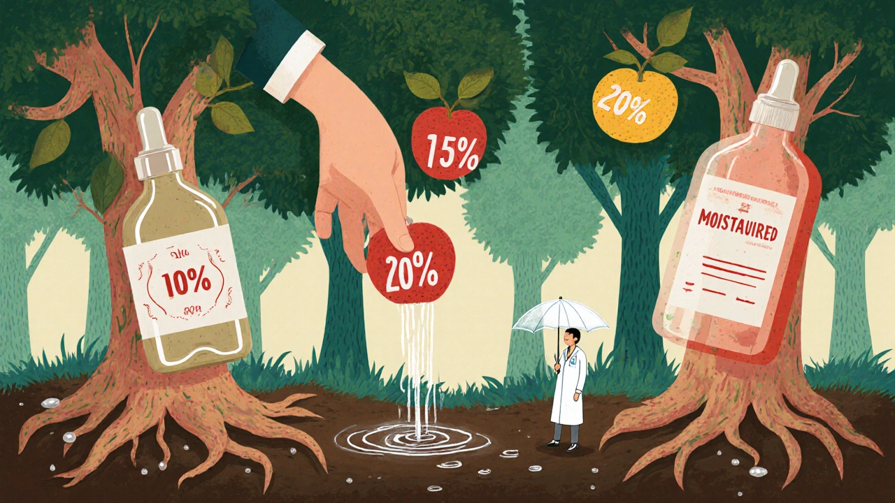 抽象的超現実主義のイラスト：スキンケアボトルの木から実がなる森で、保湿と紫外線対策が守られる様子。