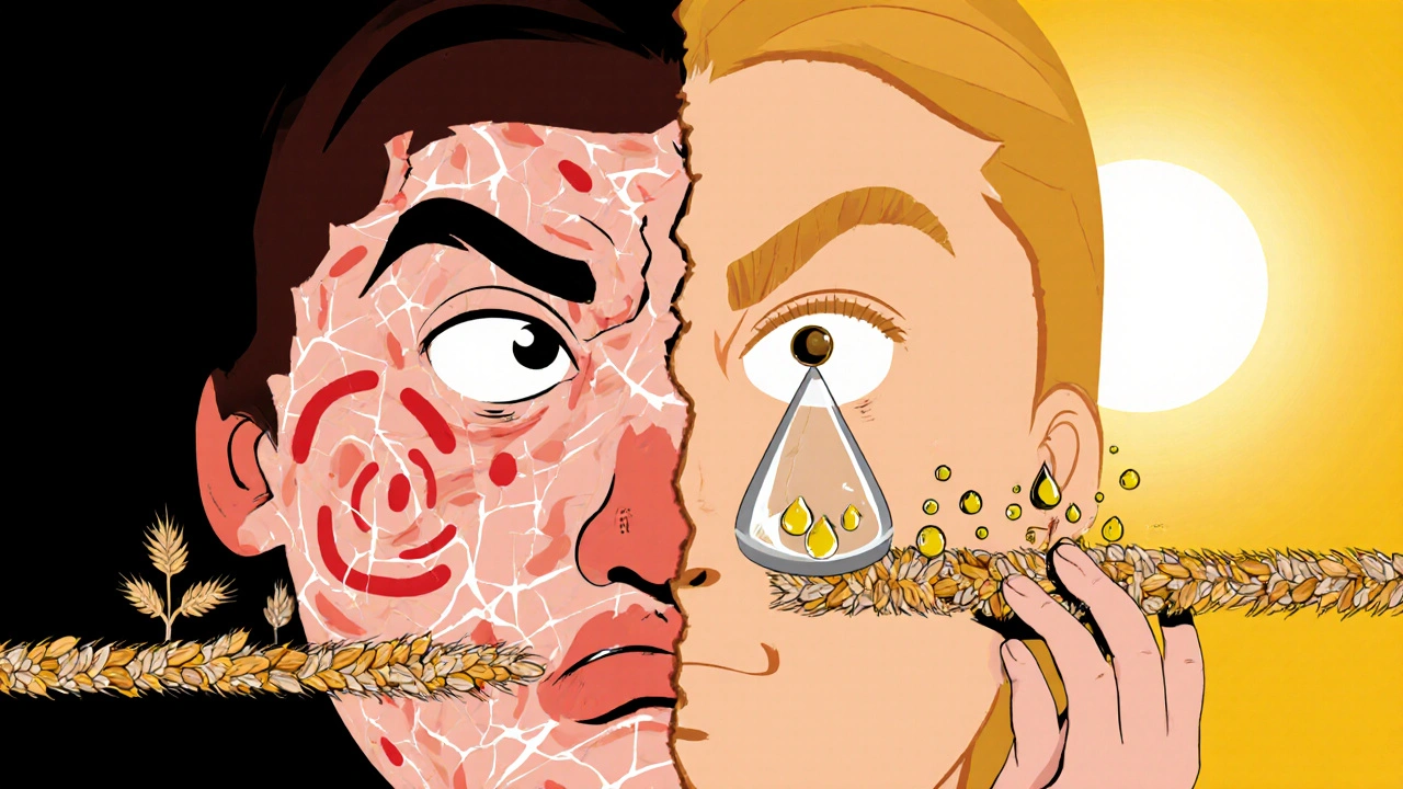 抽象的超現実主義のイラスト：左右対照の顔で、片側は炎症、もう片側はバランスの取れた肌、小麦からなる結晶の橋でつながる。