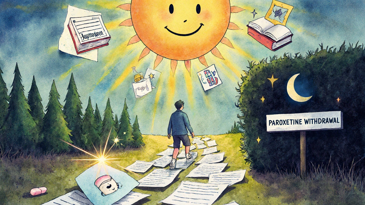 処方箋の道を歩く人物、異なる治療法の道が分かれ、光と影が対比する抽象風景。