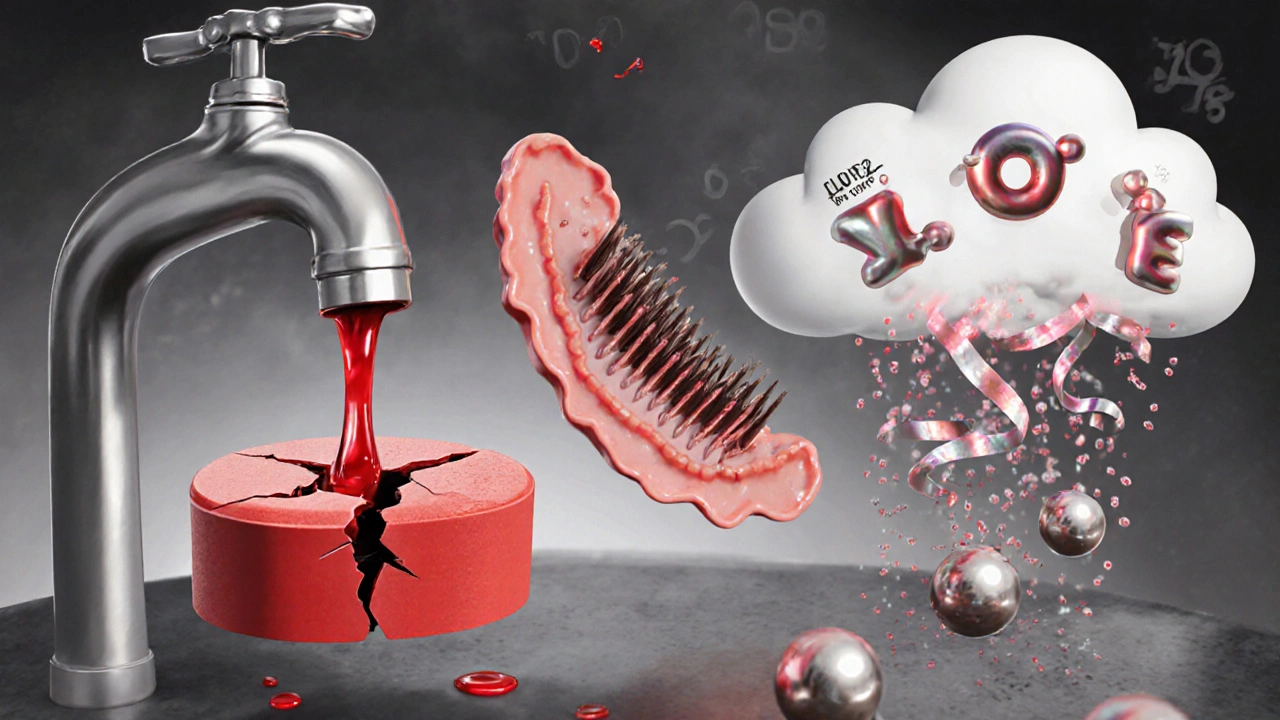 出血、吸収障害、サイトカインによるヘプシジンが鉄を阻む三つのメカニズムを示すシーン。