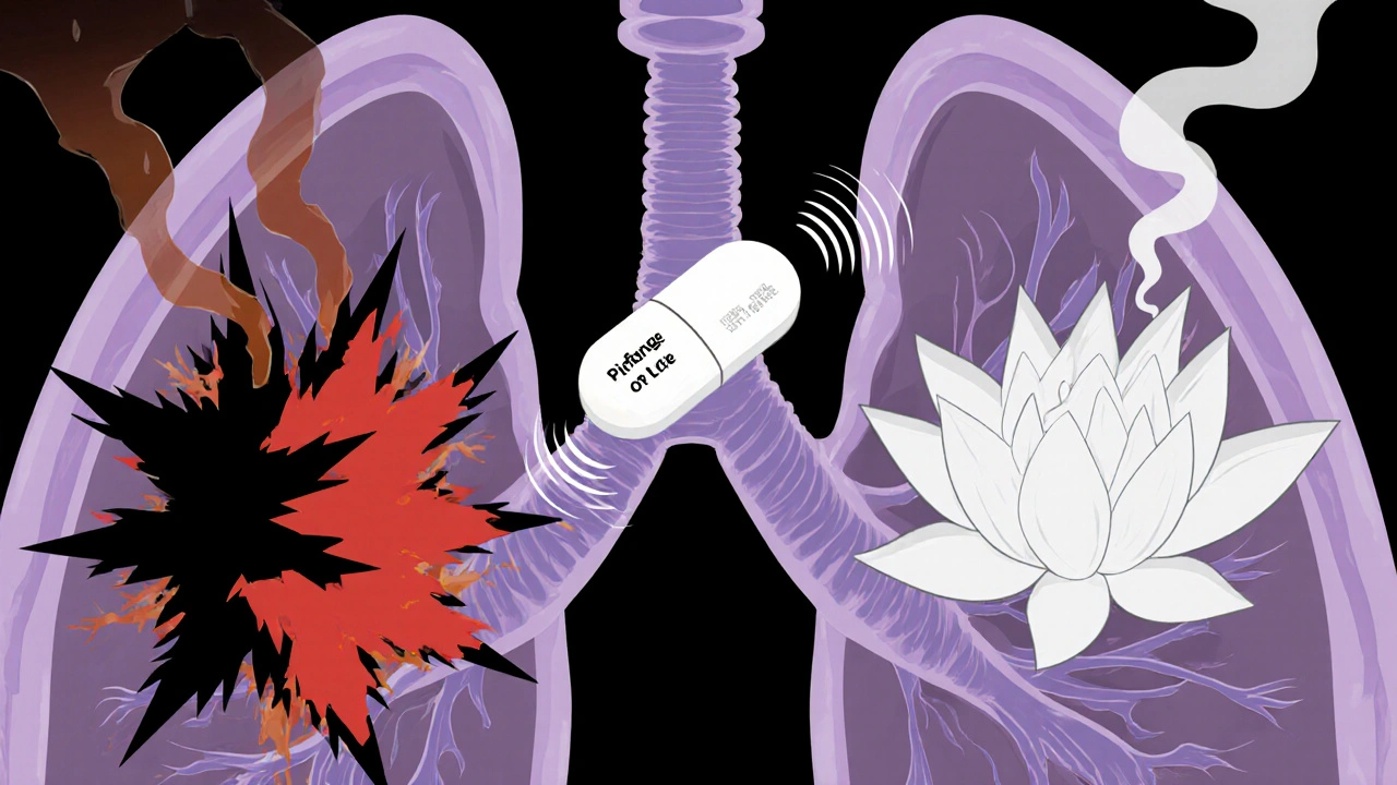 肺の中の免疫細胞が対立し、ピルフェニドンがバランスを回復させる様子を抽象的に表現したイラスト。