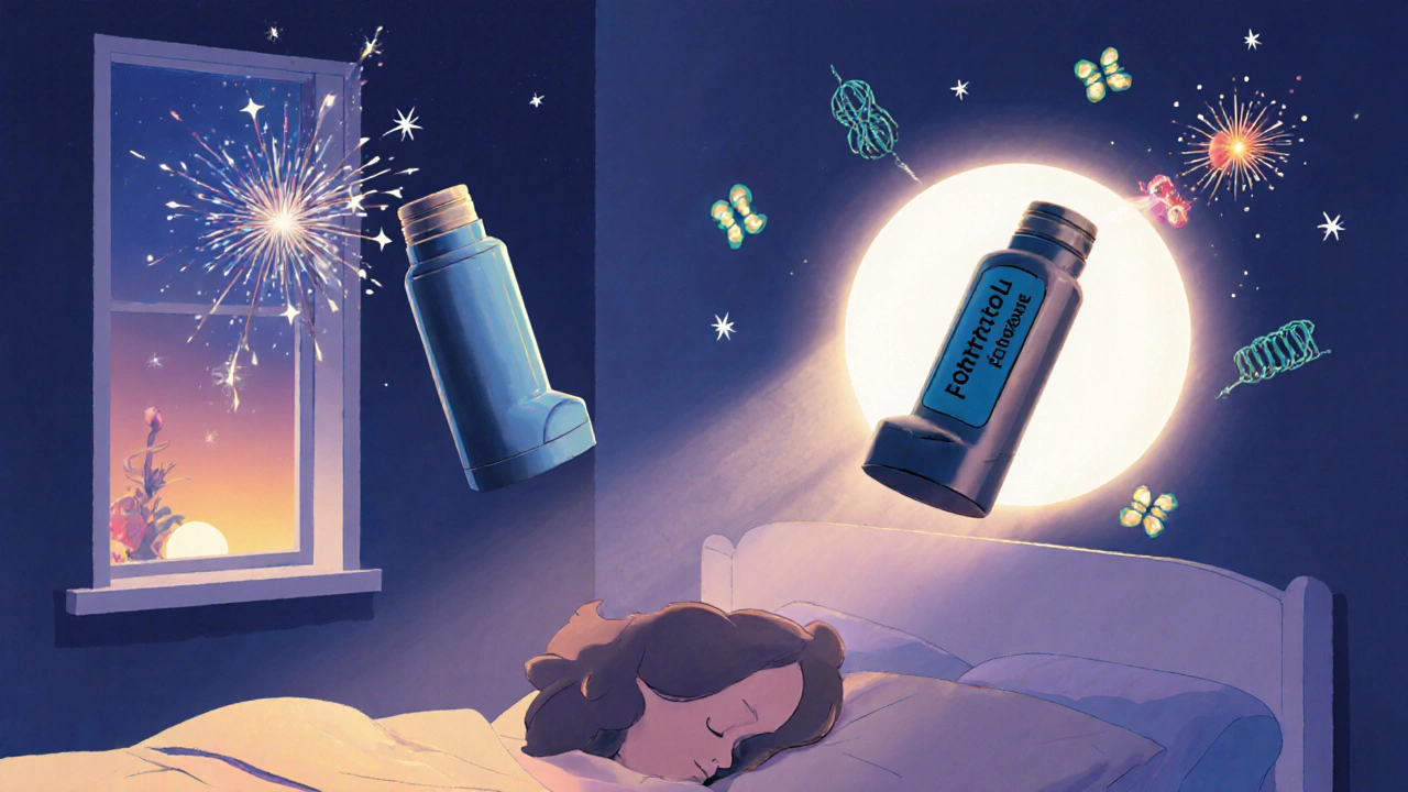 フォルモテロール吸入器が12時間の光の輪で眠る患者を包む、超現実的な夜の風景。