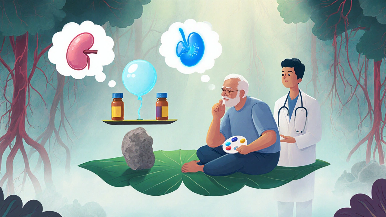 高齢患者が医師と薬選択を考える場面、むくみと腎機能を天秤にかける。