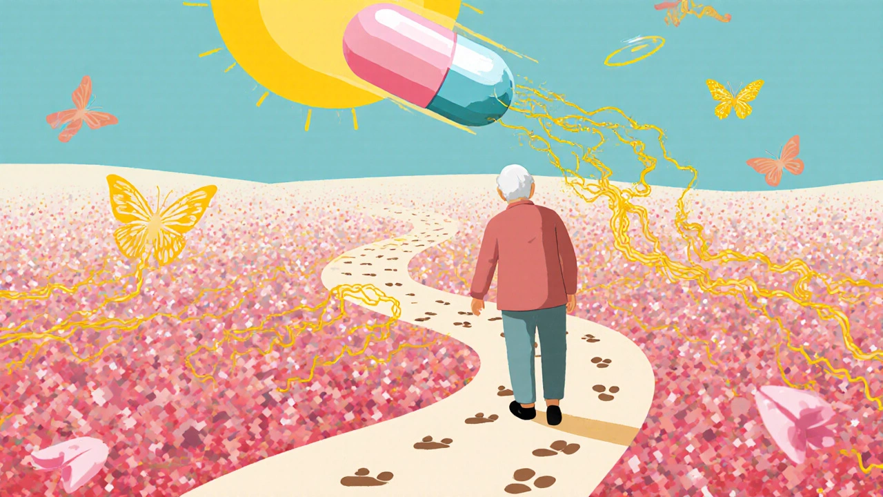 高齢の患者が肺の風景を歩き、薬の光が線維化を蝶に変える超現実的なシーン。