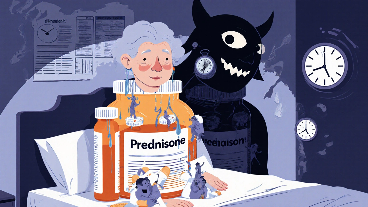 高齢の女性が処方箋のボトルでできた体で、影に幻覚の姿が現れる様子。