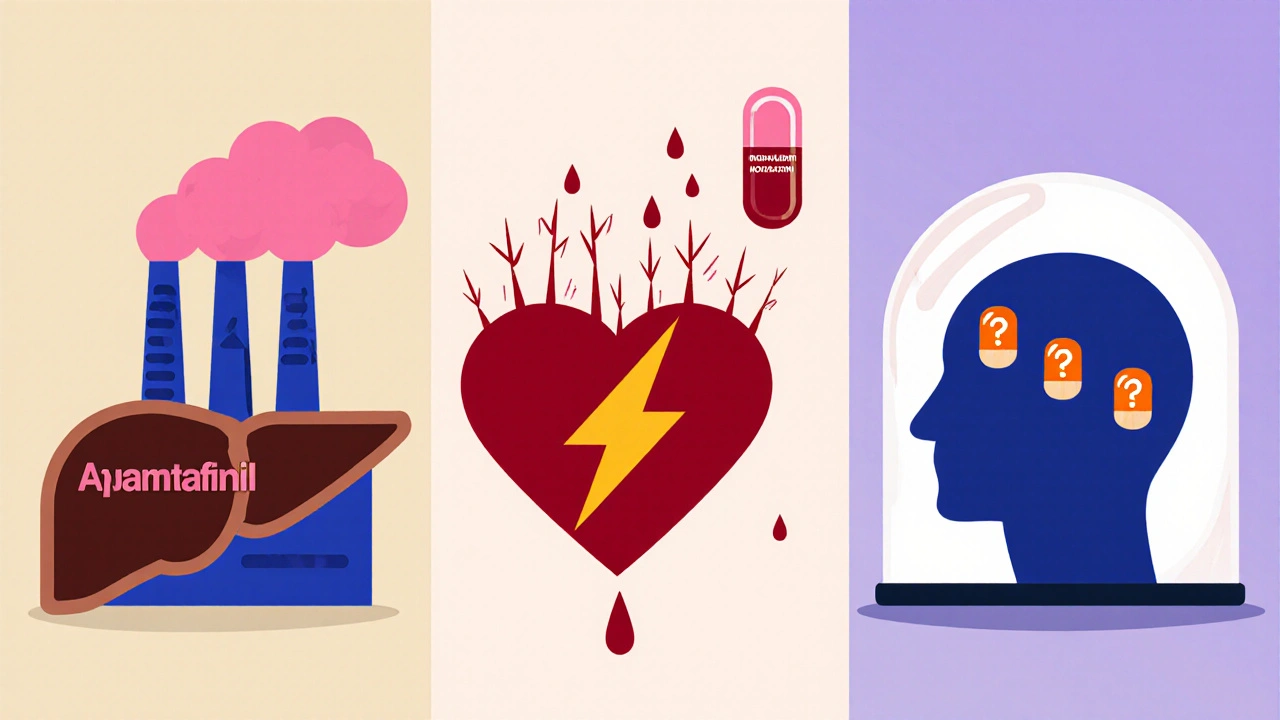 各覚醒薬の副作用を肝臓・心臓・脳のイラストで示す分割画。