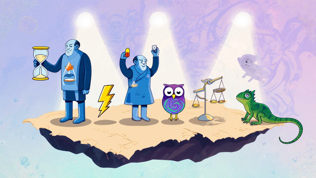 各抗うつ薬が個性豊かなキャラクターとして比較された絵。