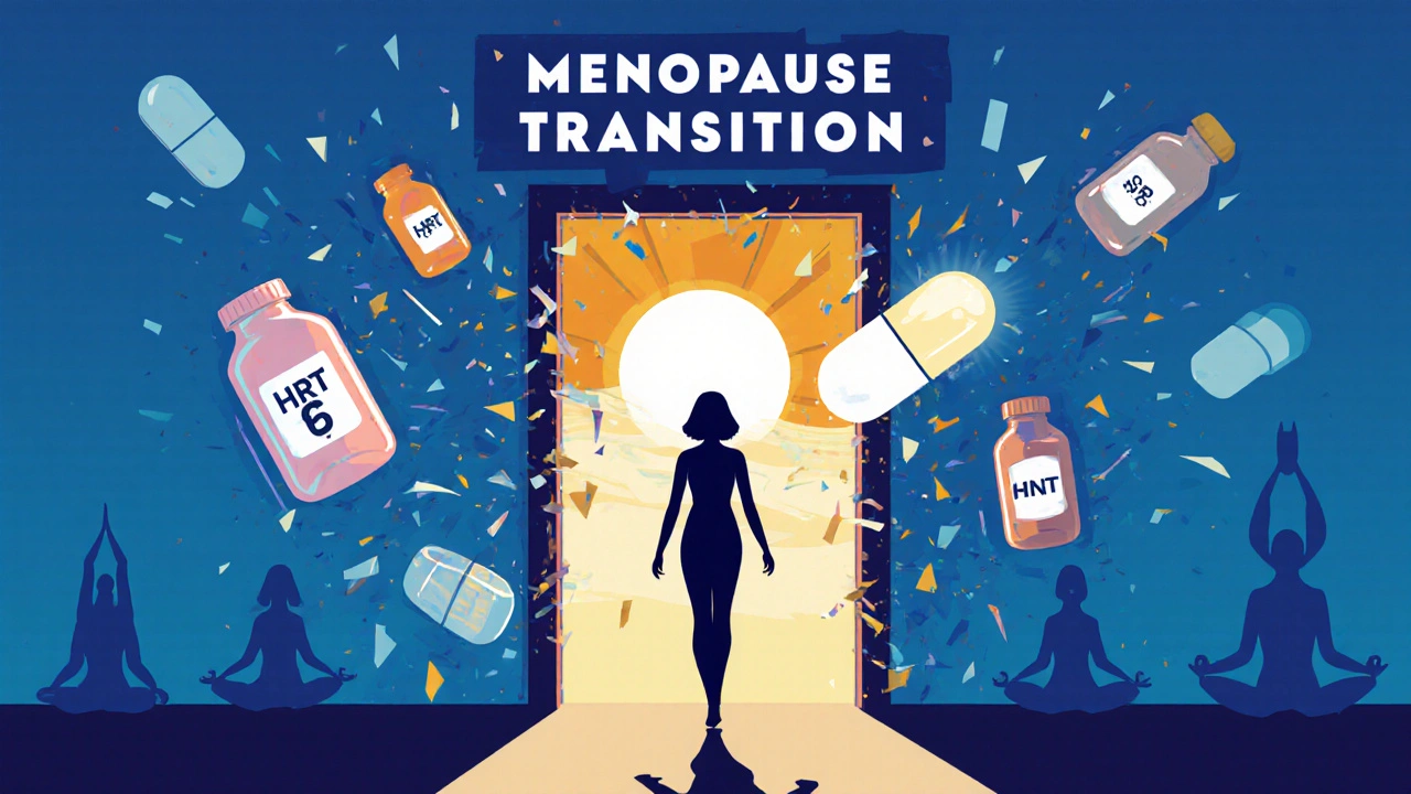 更年期の過渡期を歩く女性が、様々な治療法の象徴の中をディバルプロキセクスの光へ向かって進む。