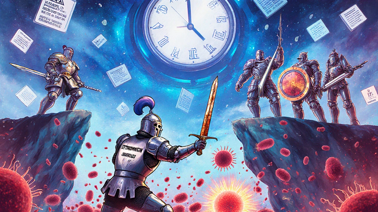 喉の内部でエリスロマイシンの騎士と4人の現代的薬剤戦士が戦う、象徴的なサルベージ戦闘シーン。