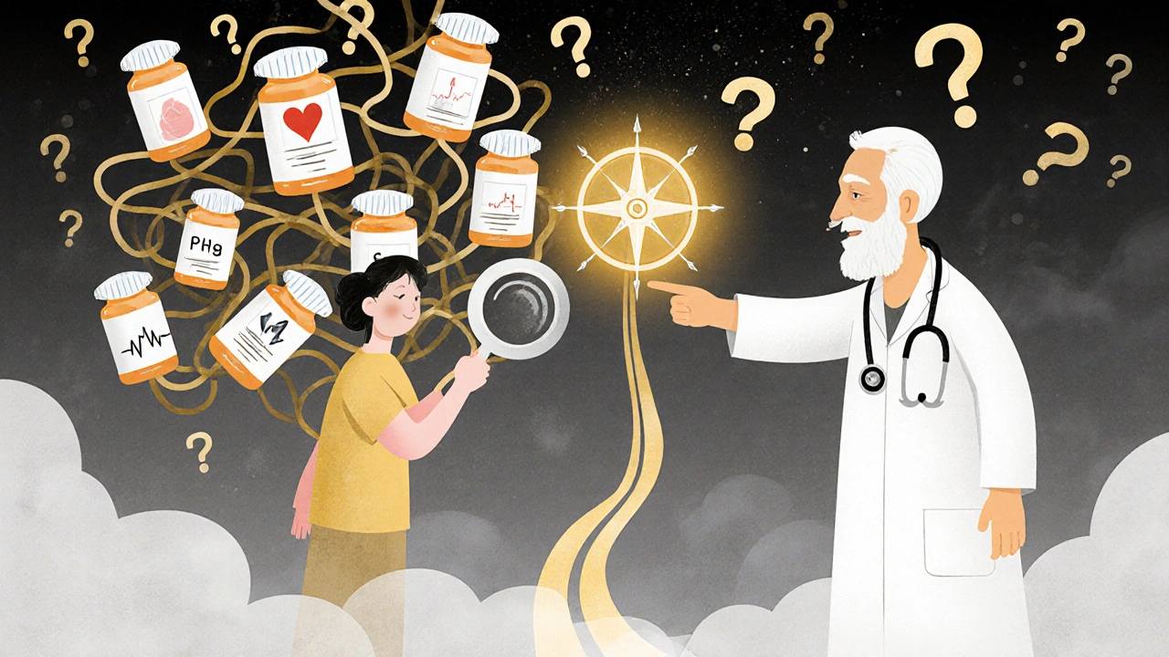 患者が処方箋の木から最適な薬を選ぶ様子を、医療記号と疑問符が漂う不思議な空間で描いたイラスト。