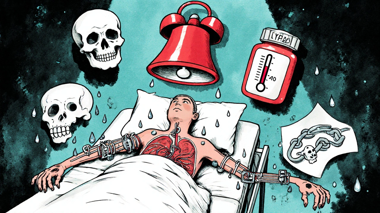 患者の体が機械と化し、発熱と震えを象徴するサインが漂う医療的 surreal 風景。