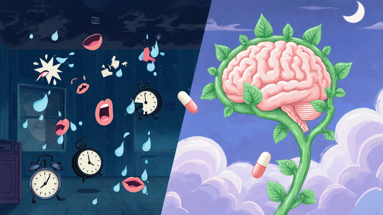 混乱と静寂が対比する抽象的な部屋で、薬が感情のバランスを整える象徴として描かれている。