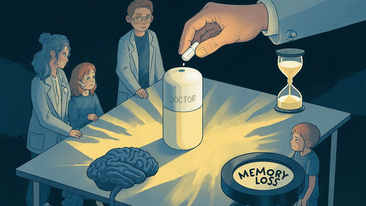 家族が光る薬の周りに立ち、その影が病院と記憶喪失を象徴する様子。