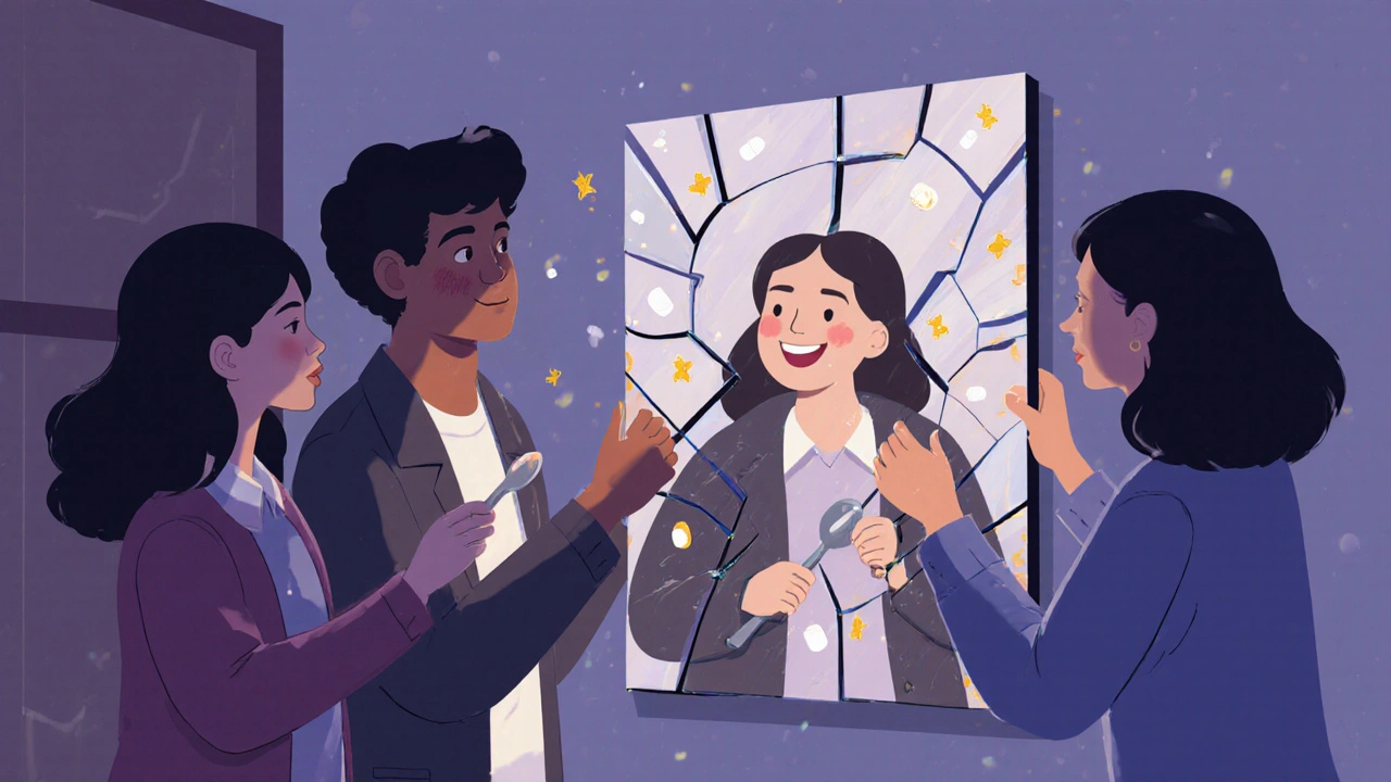 家族が鏡の破片をつなぎ、患者が自立した日常を取り戻す様子を幻想的に描く。