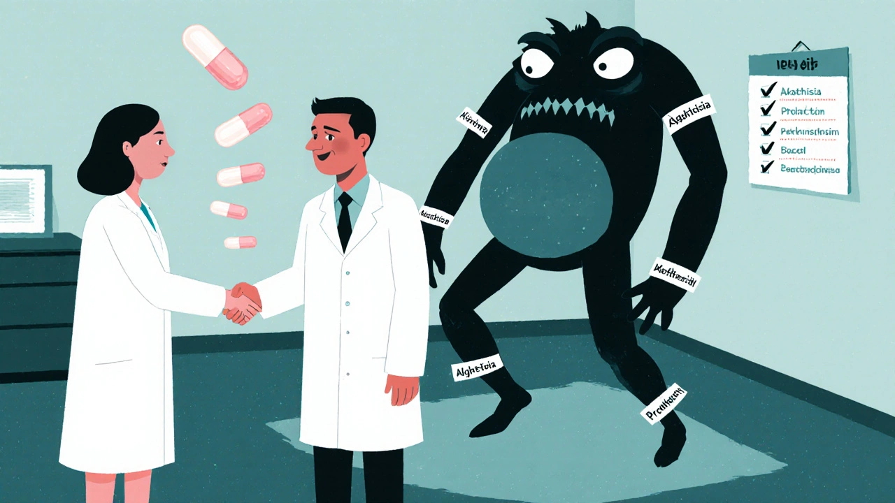 精神科診療室で患者の影が副作用の形に変化し、チェックリストは半分消えている様子。