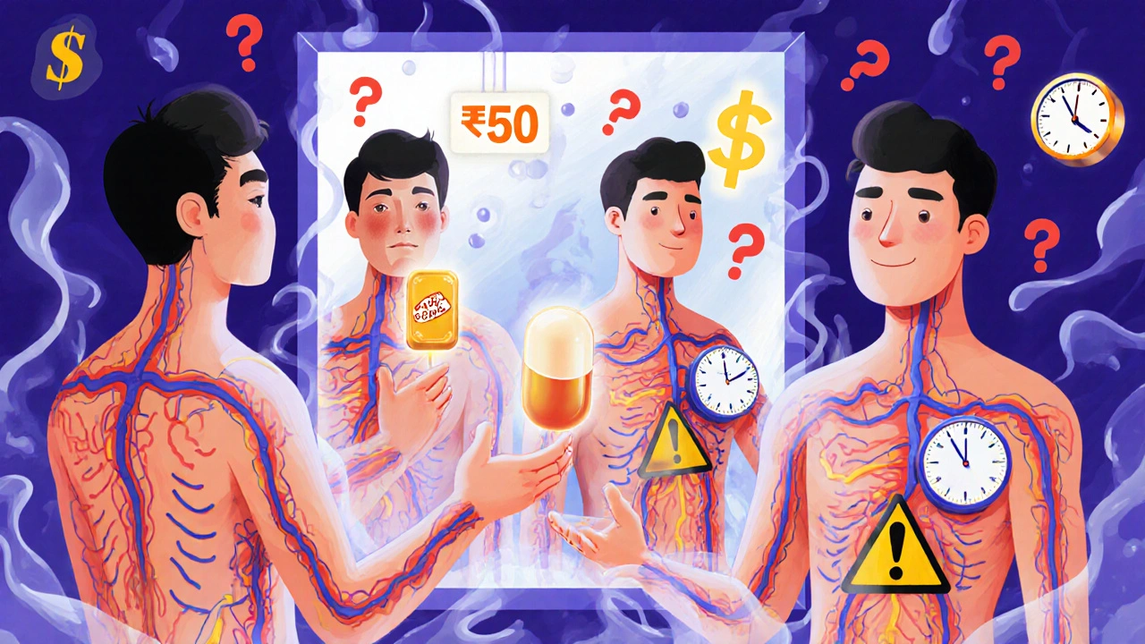 鏡に映る四つの自分と、体の血管が光る surreal な男性の姿。