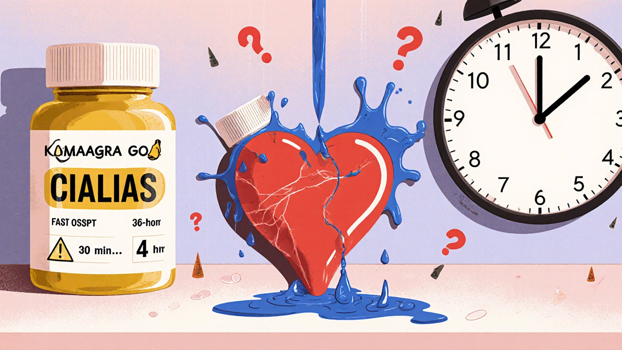 カマグラ、シアリス、レビトラの薬瓶から異なる色の液体が心臓に流れ込む、時間と効果を象徴する超現実的なバスタイムシーン。