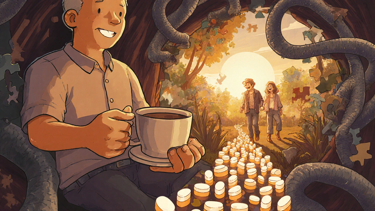 コーヒーを飲む男性の手から光る薬の道が未来の家族とつながる、時間の重層的表現。