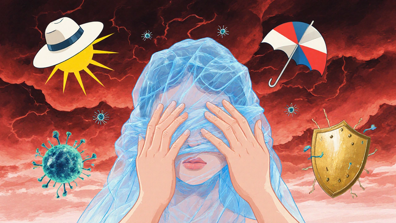 冷やしたガーゼが空に浮かび、日光を遮る帽子や日傘が並ぶ幻想的な皮膚ケアのシーン