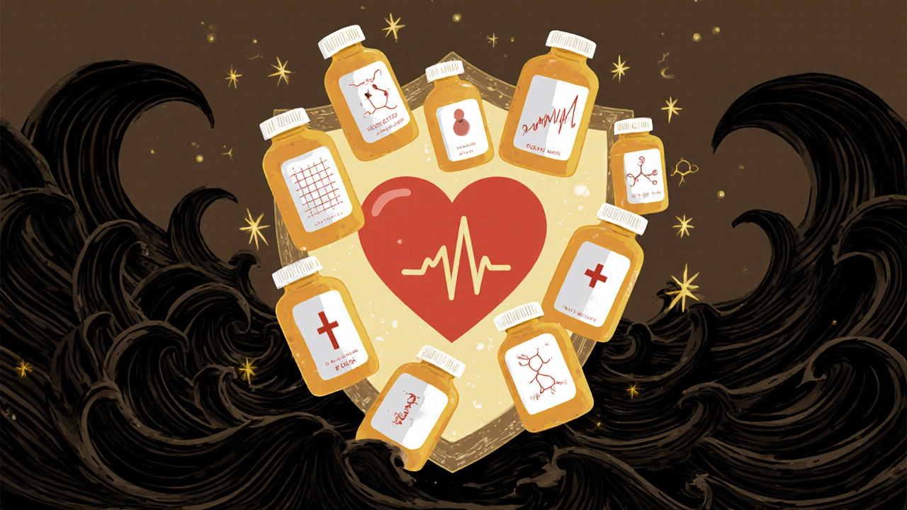 毎日の薬瓶から放たれる守りの光ががんの波を防ぎ、心臓が静かに鼓動している様子。