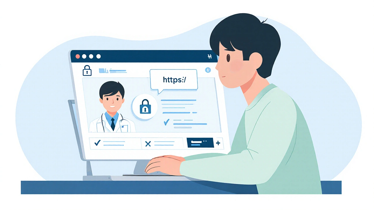 ノートパソコンで安全なオンライン薬局ページを見ている人物のイラスト。