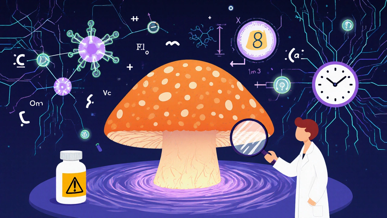 オメプラゾールがフルコナゾールの効果を8倍に強めるカビの細胞内での神秘的実験シーン。