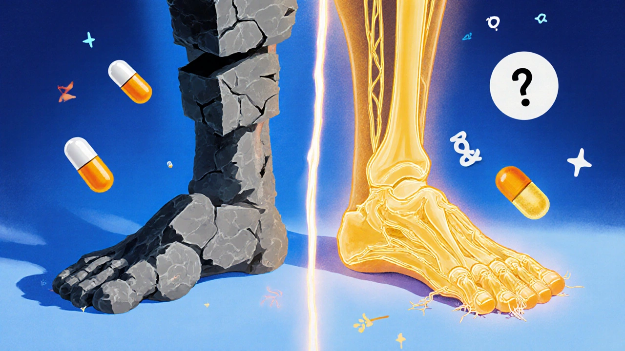 片方は石のように重い筋肉、もう片方は金色の神経がほつれる足の対比的描写。