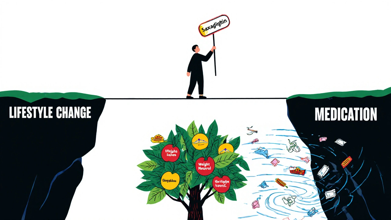 ライフスタイルと薬の間の綱渡りをする人物がサクサグリプチンの錠剤をバランス棒に持つ様子。