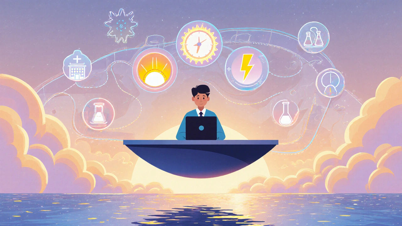 人物が3つの薬の効果を天秤にかけて選ぶ幻想的なシーン。