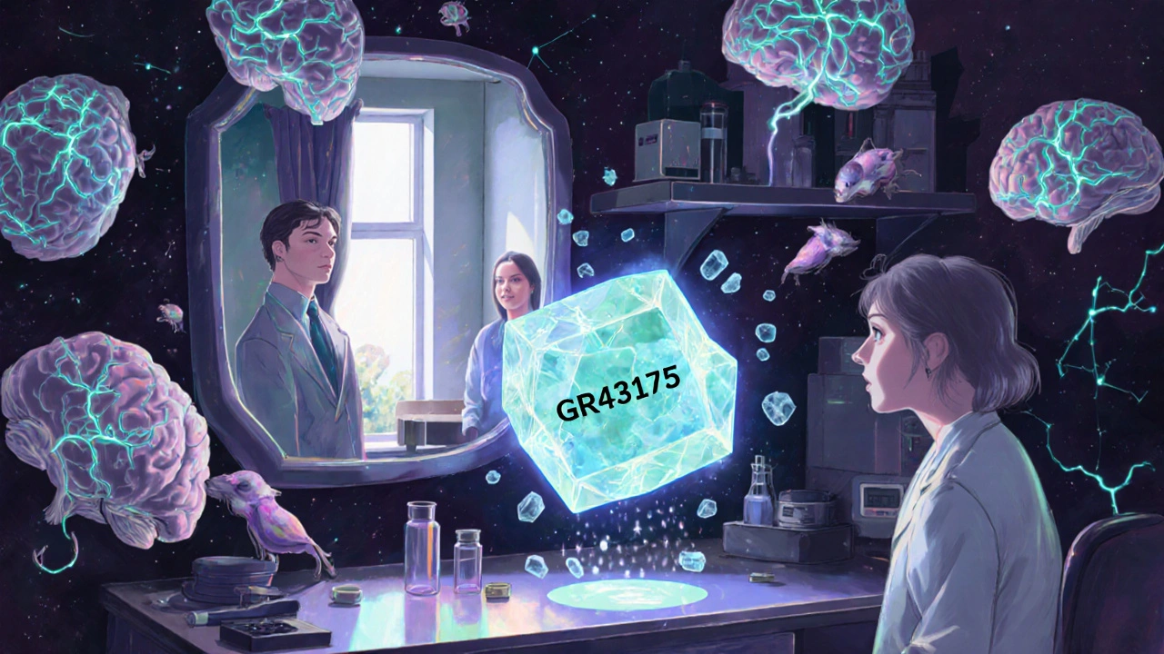 実験室で光る化合物GR43175が空中で結晶化し、神経回路が星のように輝く夢幻的なシーン。