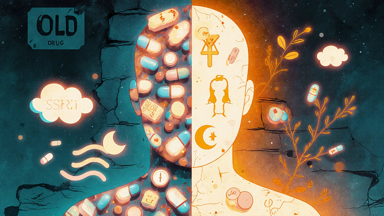 SSRIとパメロールの効果と副作用を対比した人間のシルエット、片側は不快感、片側は安眠と痛みの緩和。