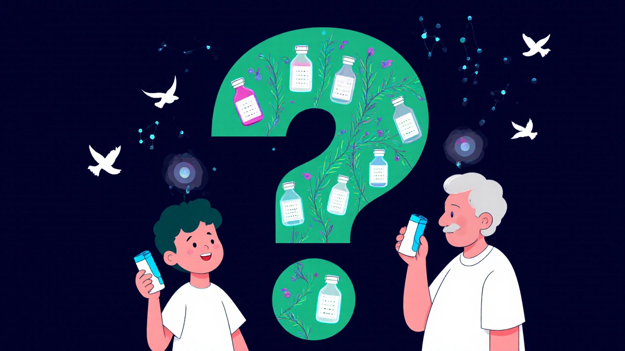 スマート吸入器から伸びる健康の藤蔓と酸素鳥が飛ぶ、子供と高齢者の超現実的イラスト。