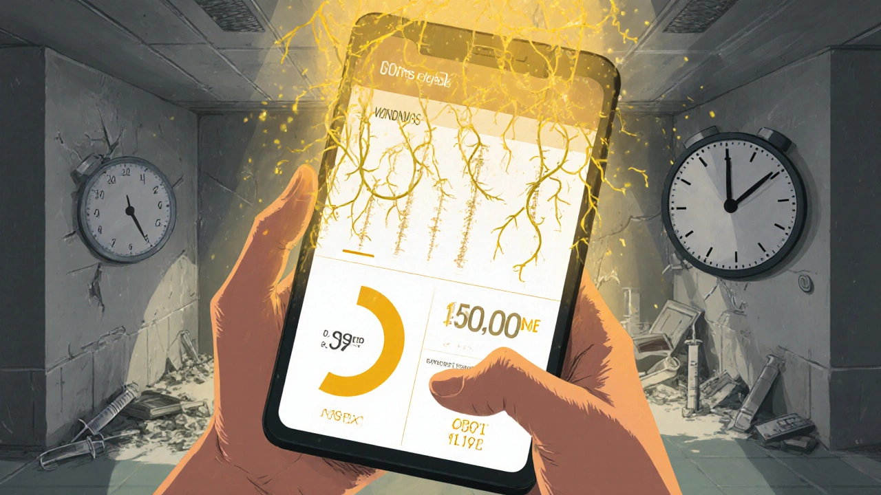 スマートフォンから健康データが光の蔓のように広がり、古い医療システムが崩れ落ちる様子。