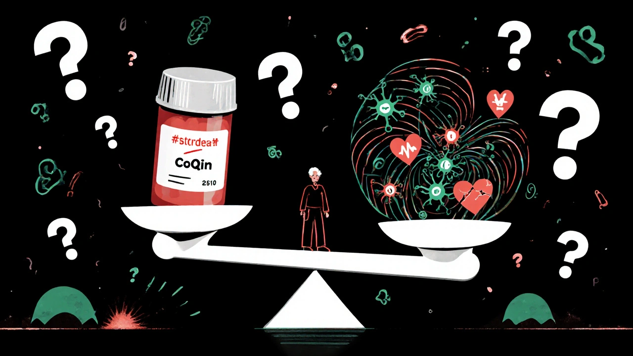 スタチンとCoQ10、神経、心臓のバランスを取る天秤と、半透明の高齢者の姿。