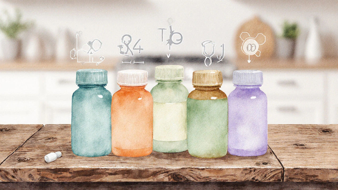 Synthroid、Levoxyl、Eltroxin、NDT、Cytomelの各薬瓶が木製テーブルに並び、比較的に配置されたイラスト。
