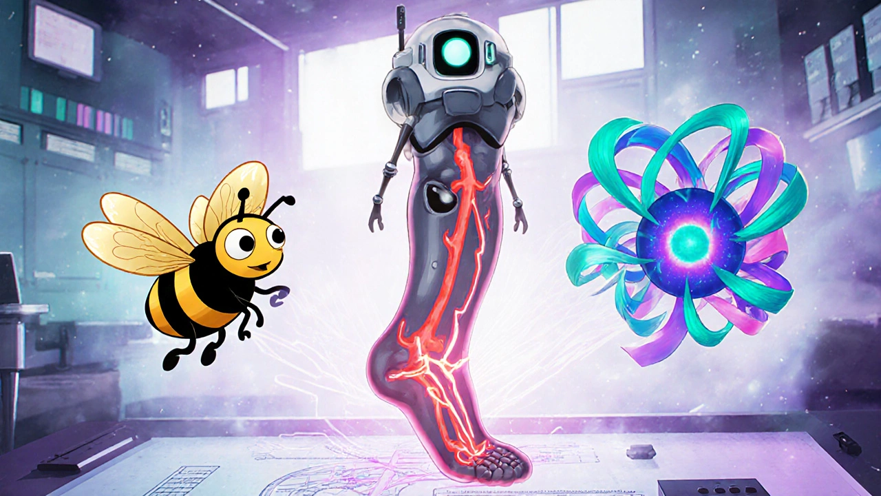 TENS、NMES、IFC を擬人化した3つのカラフルな装置が並ぶ幻想的なラボシーン。