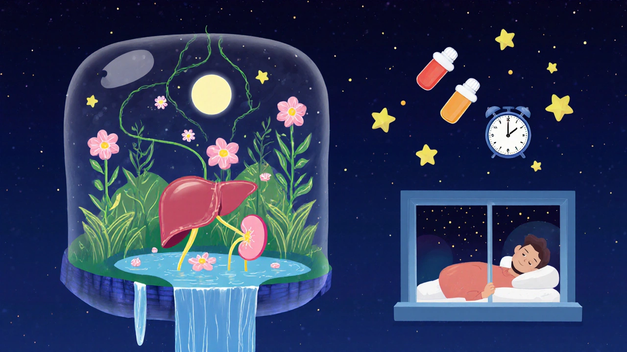 体内に花と庭が広がる透明な人間の姿。膵臓は花、肝臓は池、腎臓は滝で表現されている。