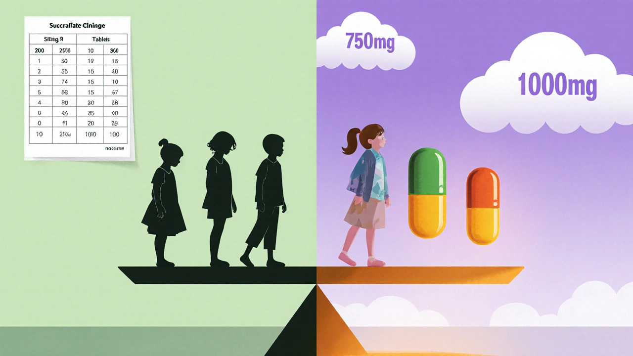 体重別に対応したスカルファート錠が浮かぶ秤のイラスト