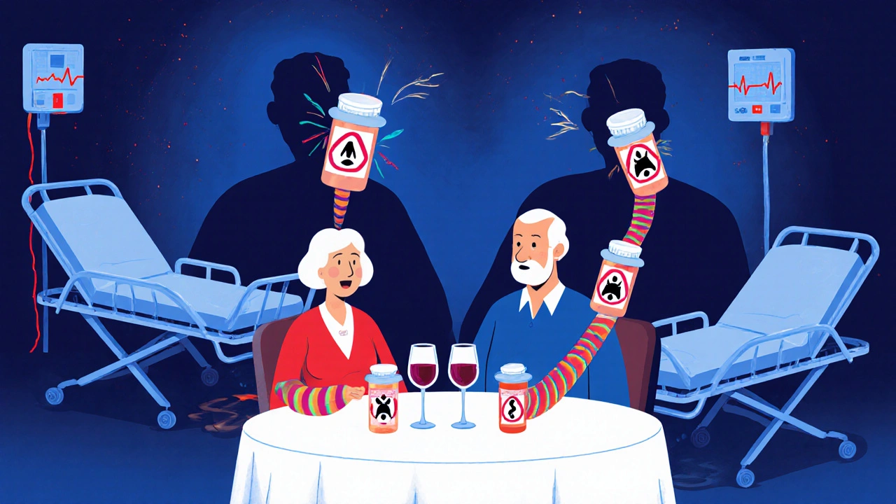 ワインと薬が蛇に変わり、人々の影が医療機器に変化する夕食のシーン。