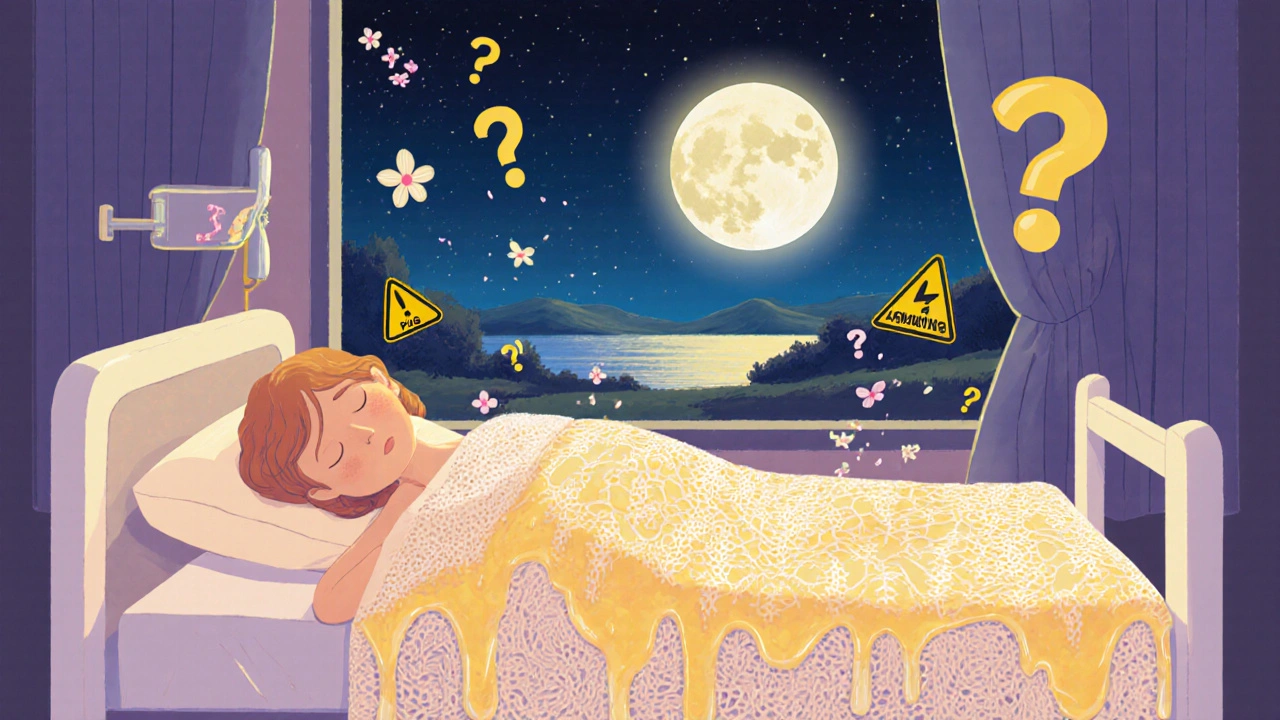 ワセリンの光が肌を包み、細菌が花びらに変わる眠る患者の surreal なイメージ