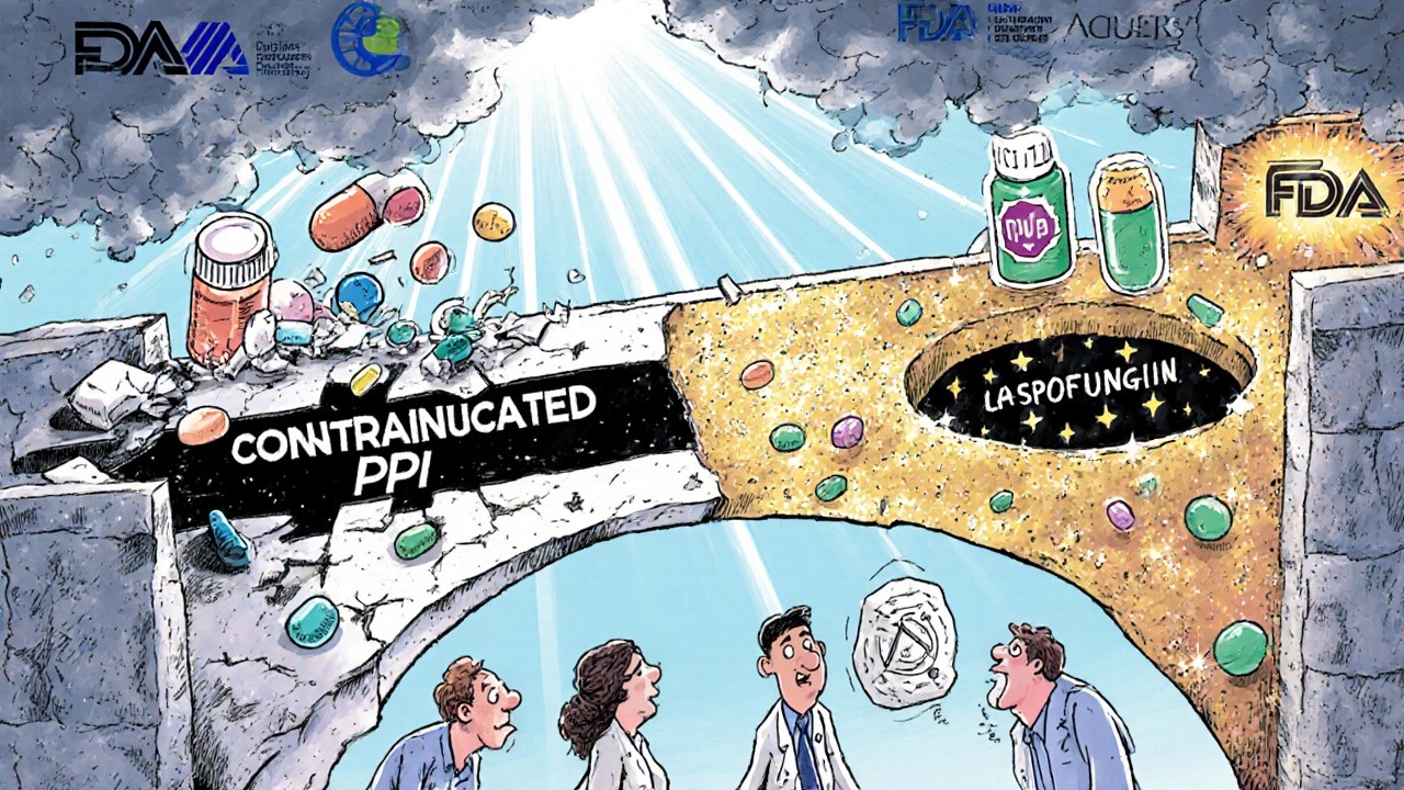 危険な薬の橋と安全な代替薬の橋を対比した surreal 医療イメージ。