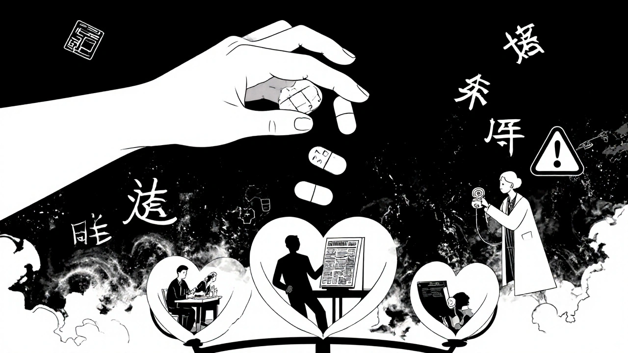 五つの薬が心臓の天秤に落ち、それぞれ異なるライフスタイルの影を落とす。