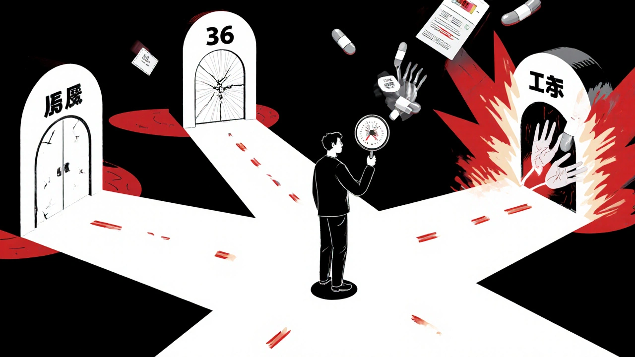 五つの薬の道が分かれる交差点で、男性が選択を模索する夢のような風景。