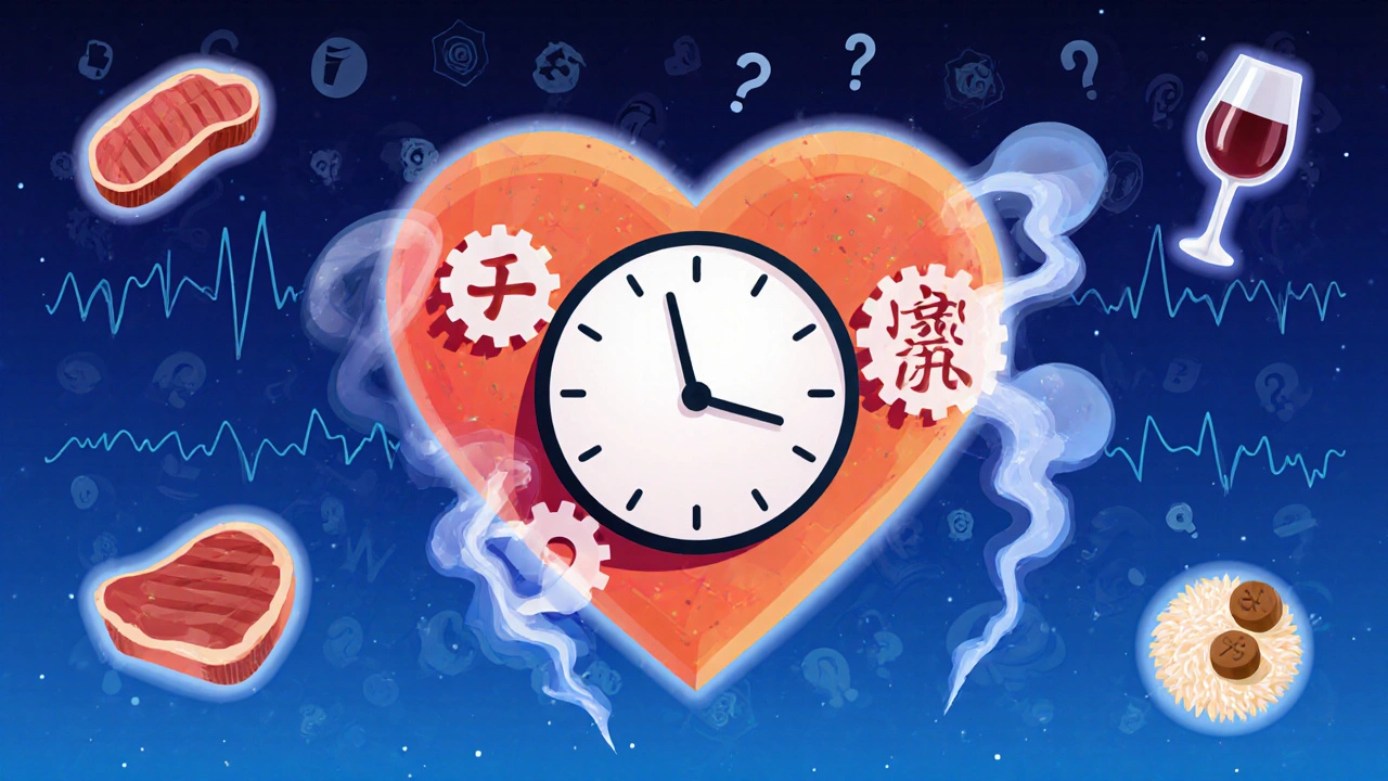 心臓が時計になり、薬の歯車が異なる速度で回る抽象的な surreal なイメージ。