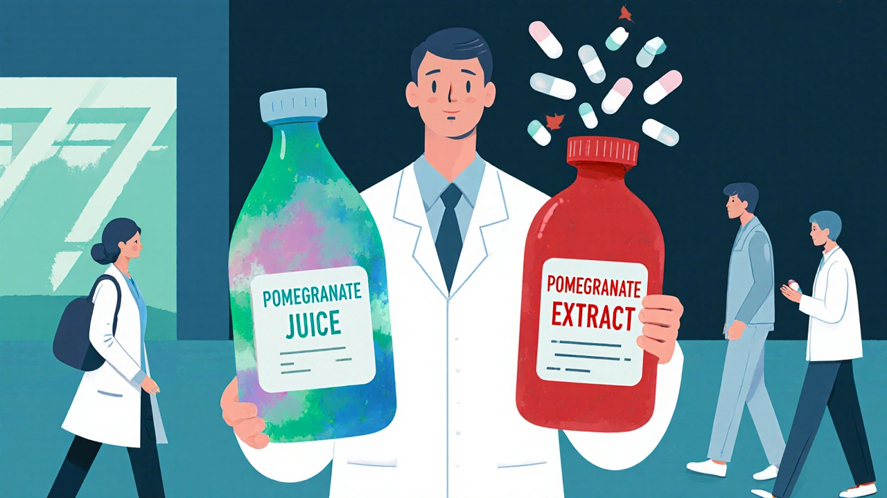 薬剤師がザクロジュースと濃縮エキスのボトルを比べ、患者に与える影響の違いを象徴するイラスト。