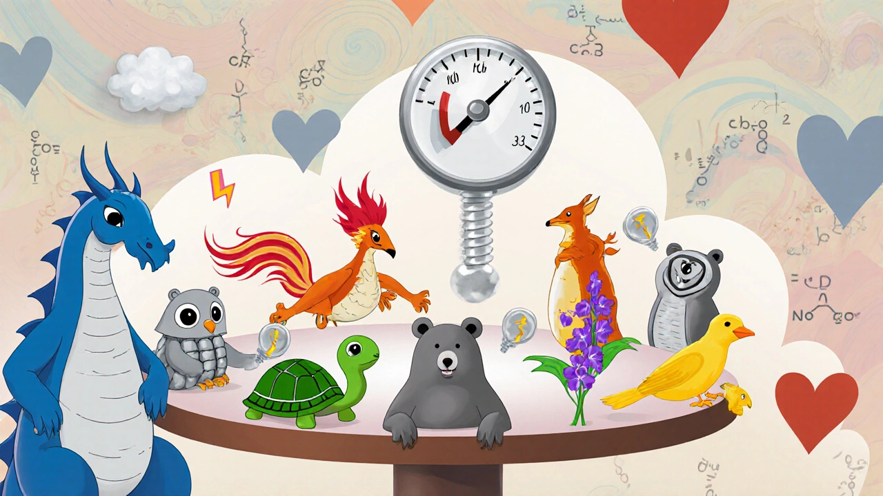 薬キャラクターが血圧計の周りで並び、副作用を示す。